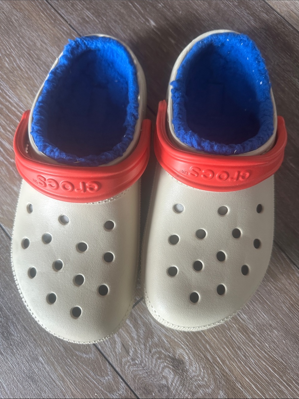 CROCS Cream Mules with Red Heel Strap and Blue Fleece Lining
